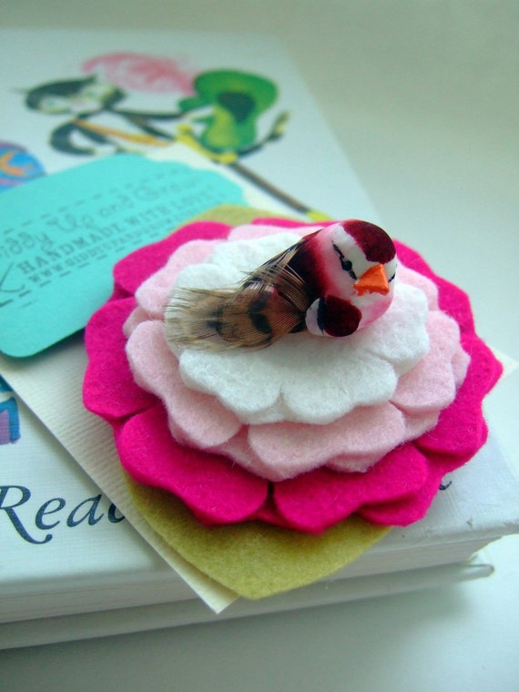 Love Bird Wool Felt Flower Headband with Pink Mushroom Bird