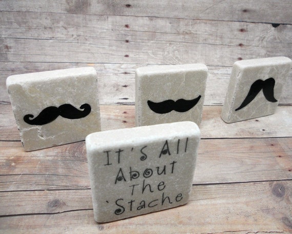 Moustache Tile Magnets, It's All About The Stache, Black Mustache Magnets, Saying, Set of 4 by lterrill9