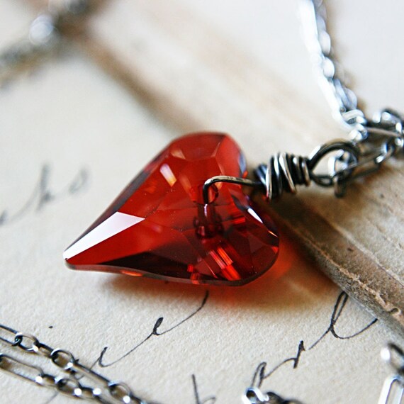 Valentine Necklace Red Swarovski Crystal Heart Pendant Sterling Silver, Ardor