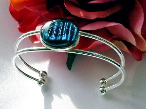 Handmade Silver Cuff Bracelet with Black Striped Fused Dichroic Glass