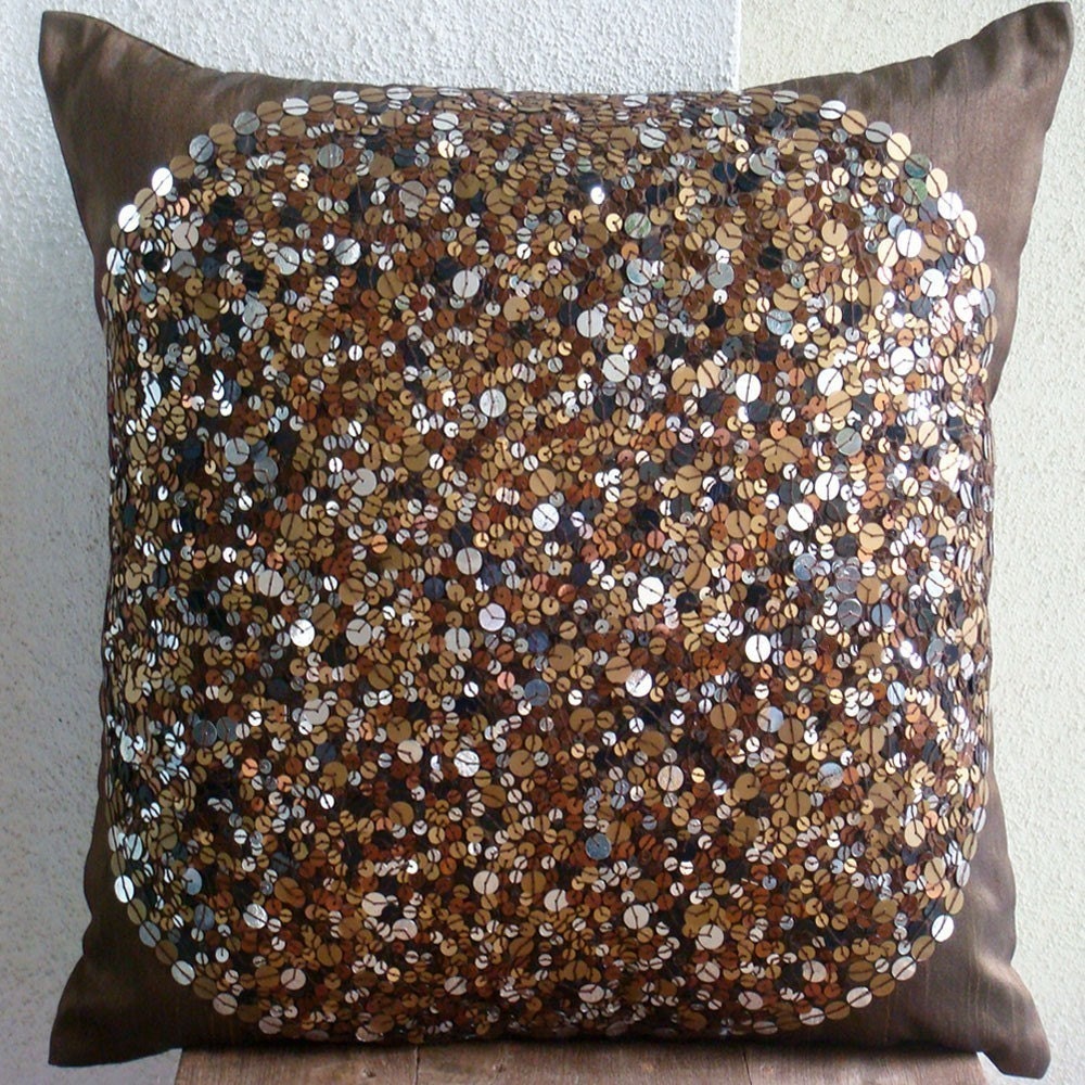Brown Eye Sparkle -Throw Pillow Covers - 16x16 Inches Silk Pillow Cover Embellished with Sequins