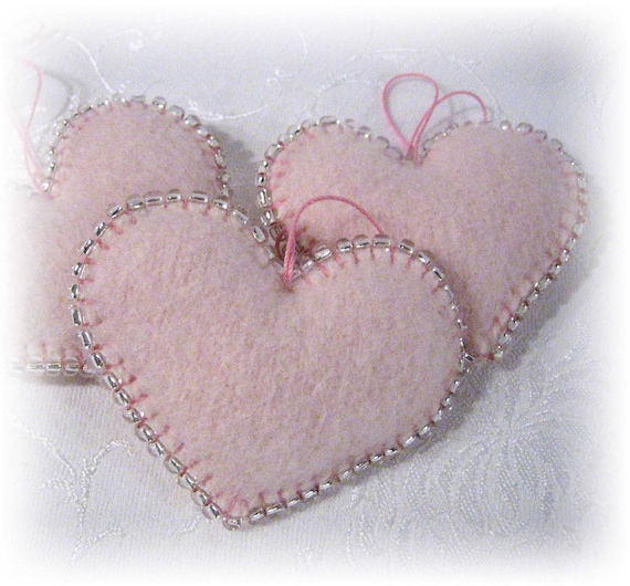 Trio of Pale Pink Heart Ornaments Handmade from Wool Felt