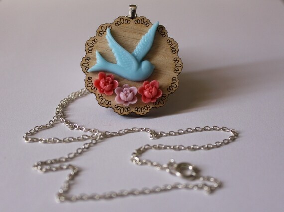 Bluebird and Blossoms Doily Necklace