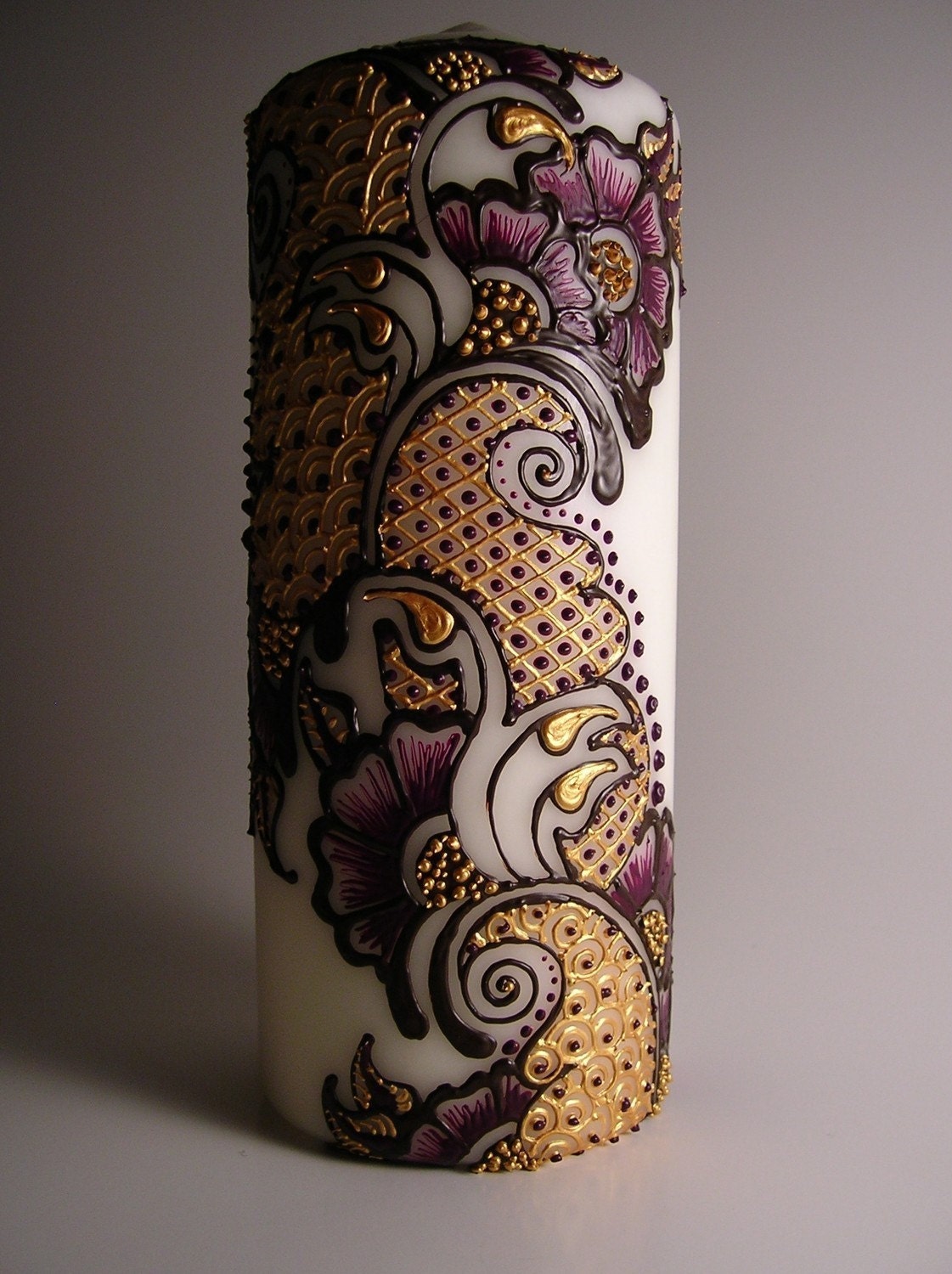 Buttery Gold and Violet Pillar Candle with Henna Inspired Design