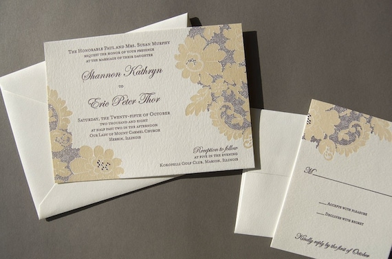 Vintage Lace, letterpress wedding invitation