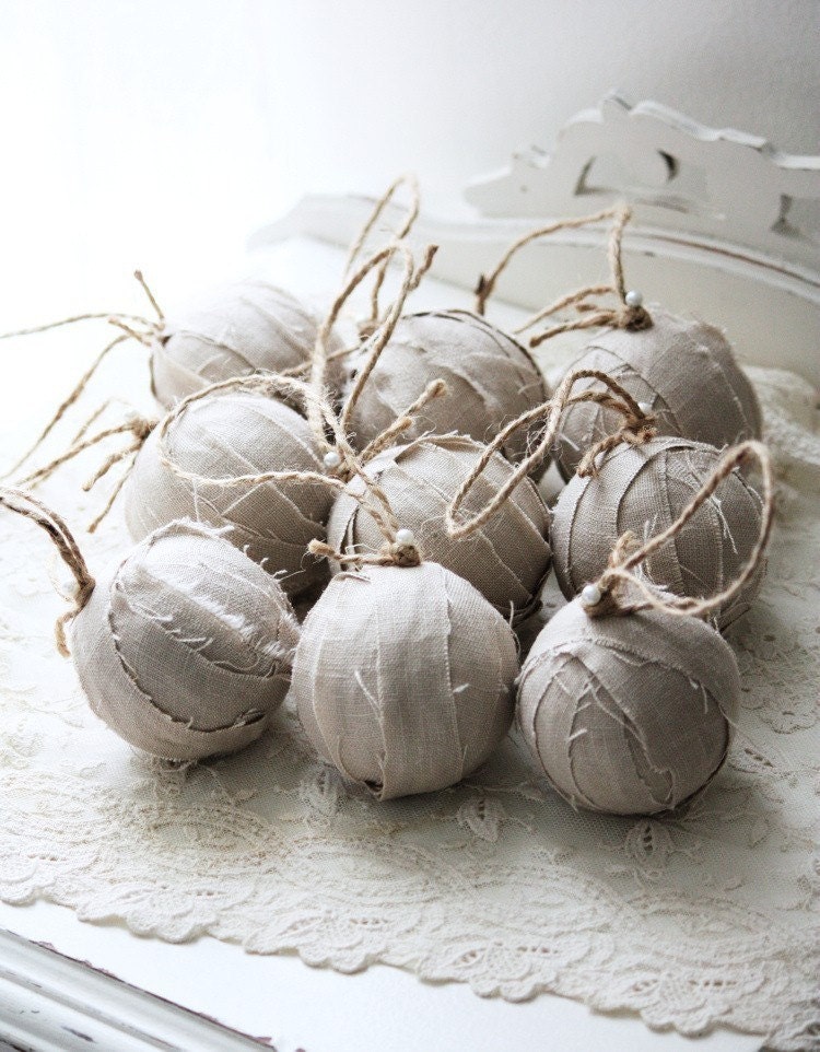 Set of 9 Natural Linen Rag Balls. Handmade Christmas ornaments.