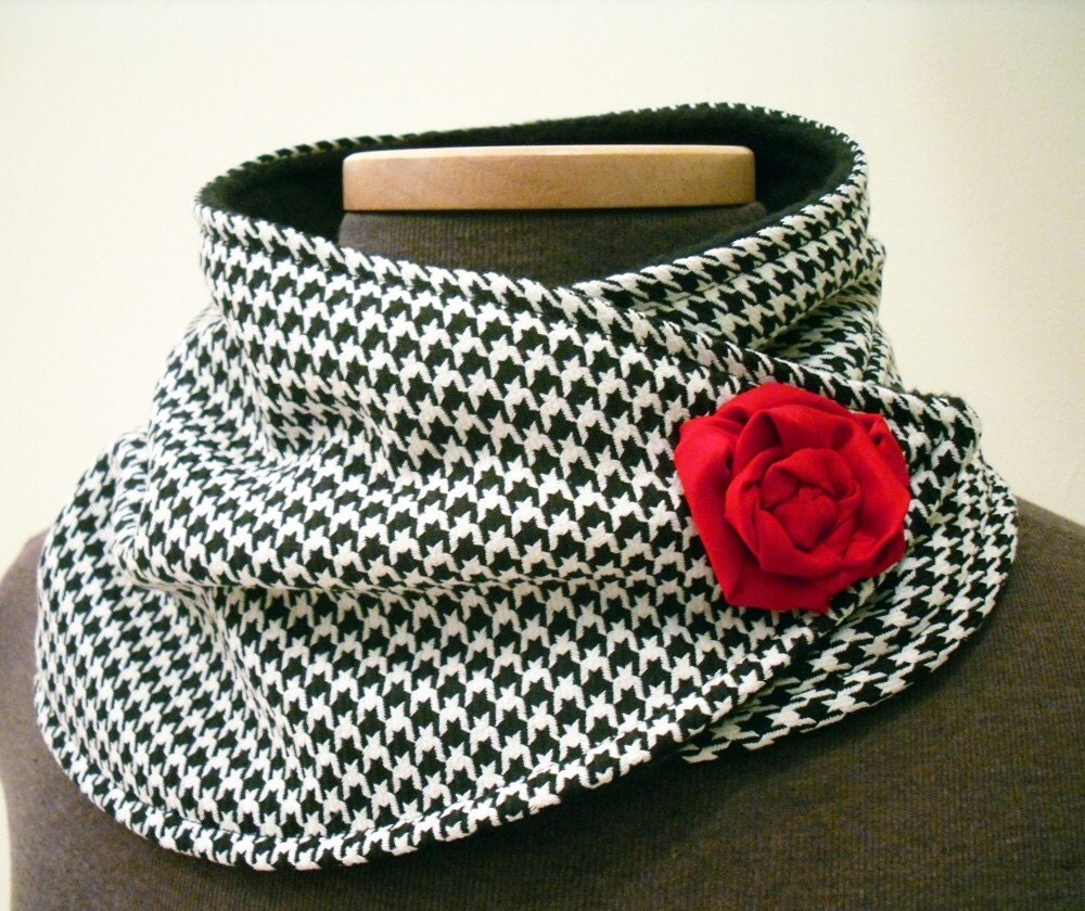 Black and White Houndstooth Neckwarmer Scarf with Red Flower