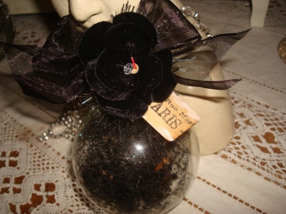 Glass Ball Ornament w/Black Millinery Netting and Velvet Flower OOAK Paris Tag