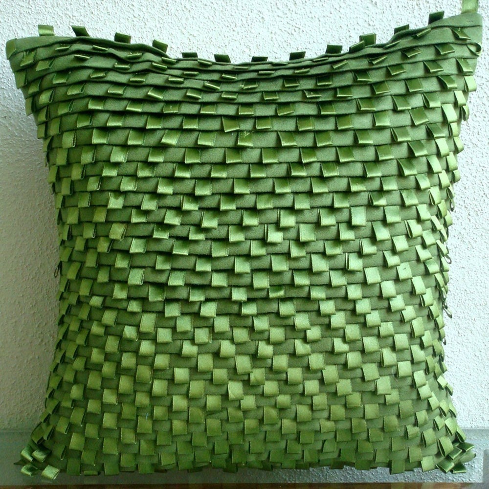 Go Green - Throw Pillow Covers - 16x16 Inches Suede Pillow Cover with Pintucks and Satin Ribbon
