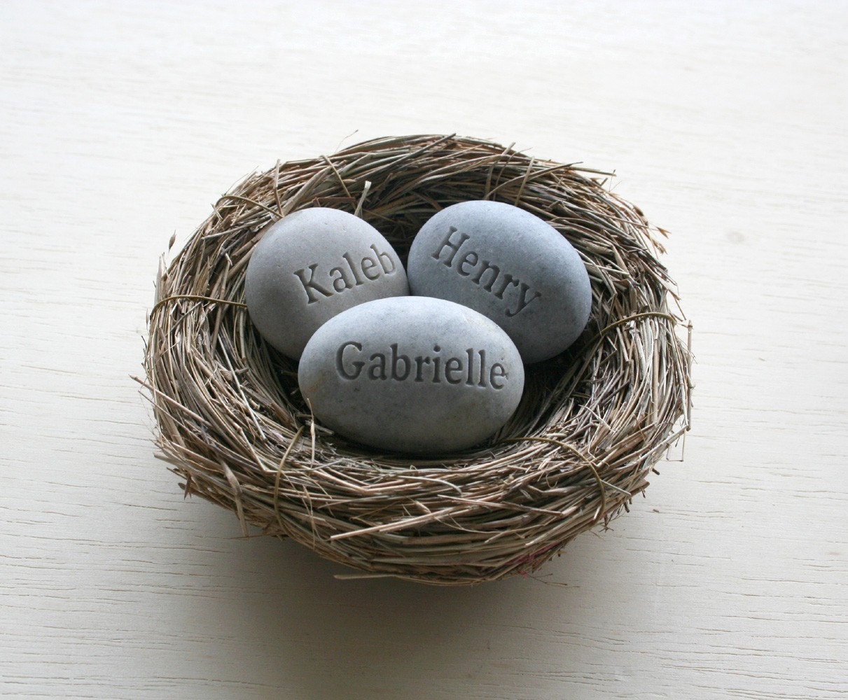 Mom's Nest (c) - set of 3 custom engraved name stones in bird nest