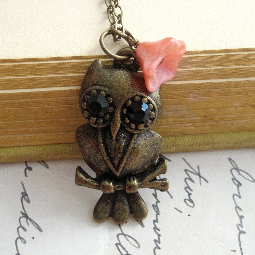 Necklace. Owl, Antique Brass, Flower, Pink, Rose, Glass, Victorian, Woodland. Nightbird.