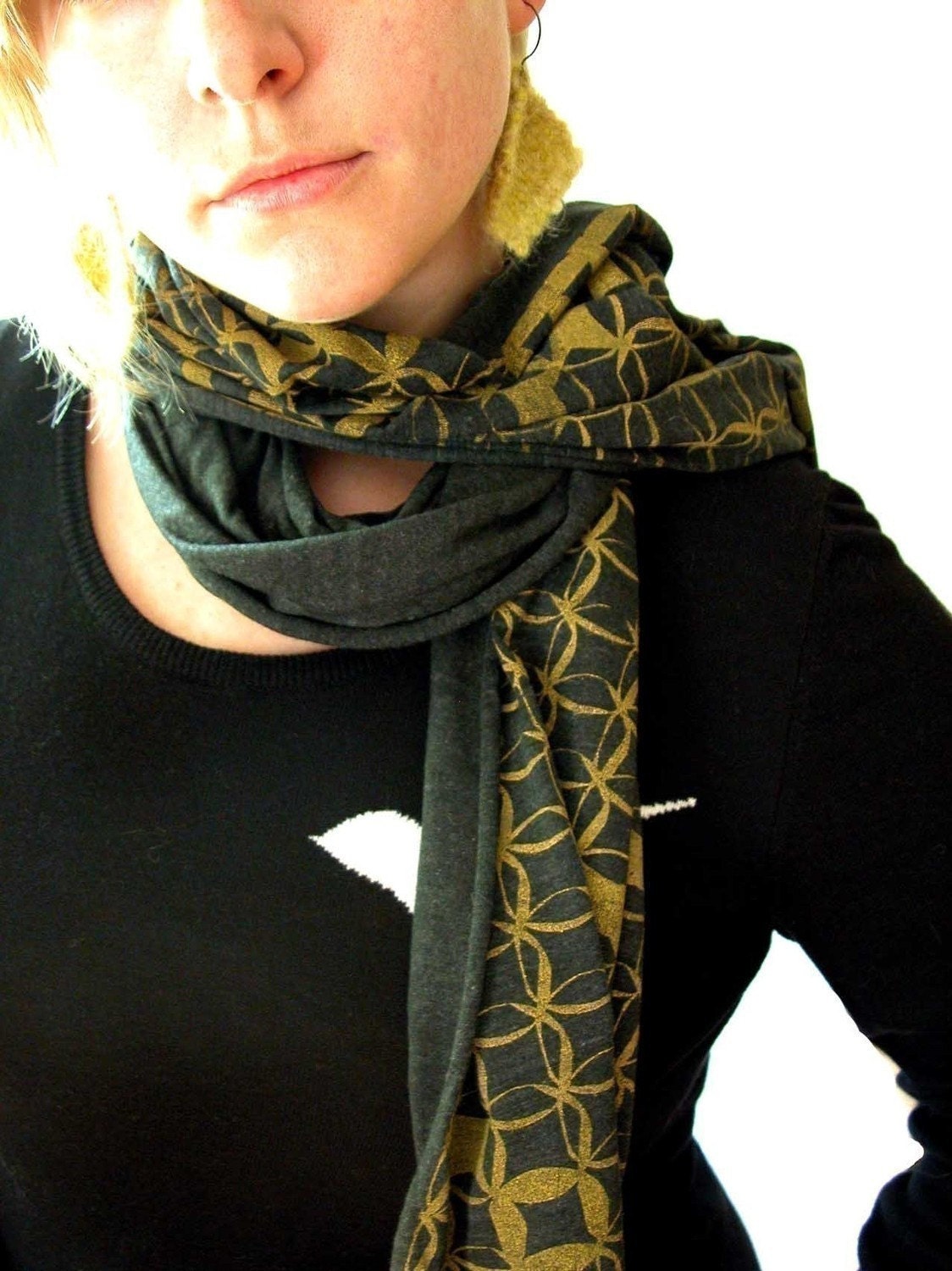 Screen Printed Jersey Scarf in Athletic Black with Golden Yellow Circles