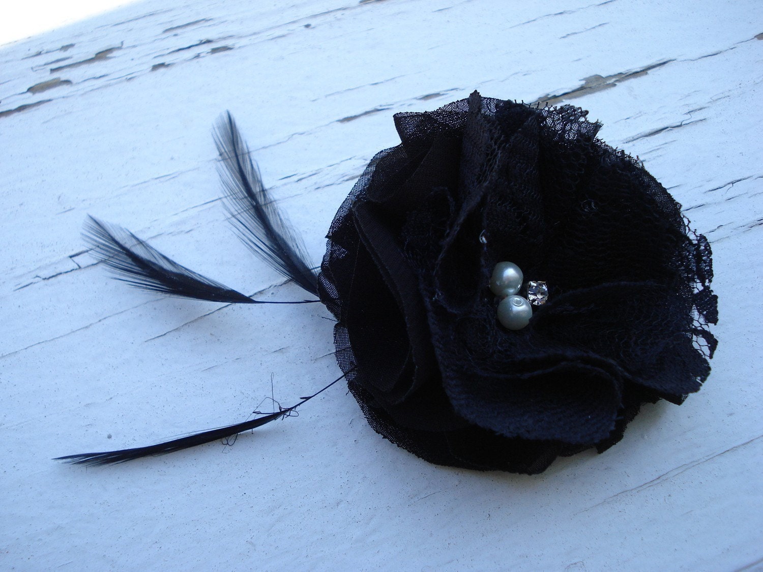 Miss Golightly - Black Chiffon and Lace Flower Hair Clip and Brooch
