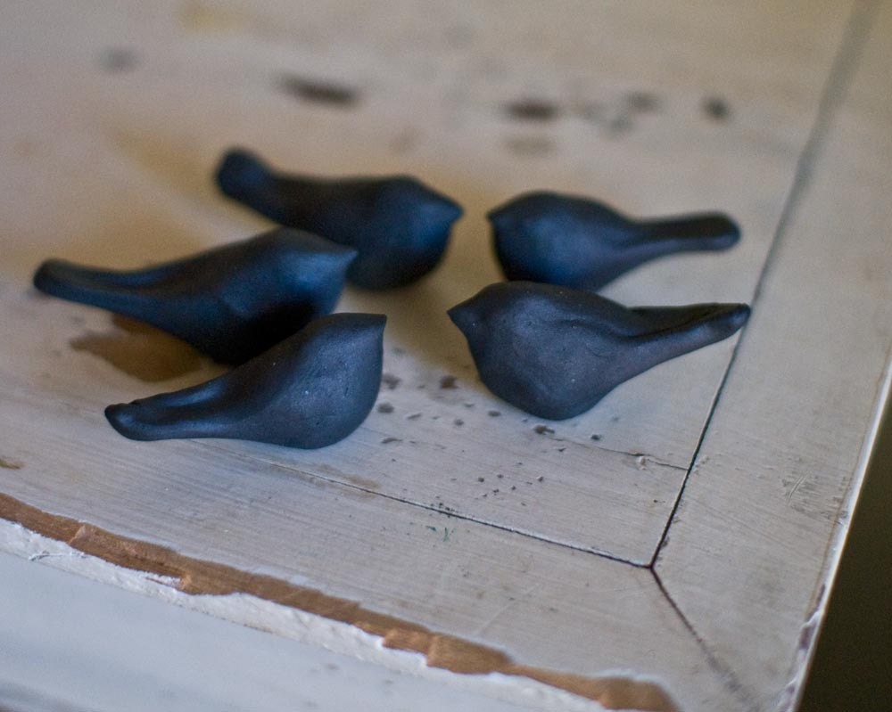 Counting Crows- -set of 5 BLACK stoneware bird sculptures