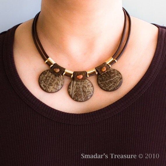 Redish Brown and Gold Mixed Media Leather Necklace