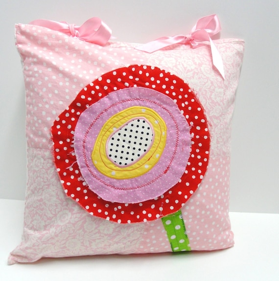 poppy pillow cover with ribbon ties in pink