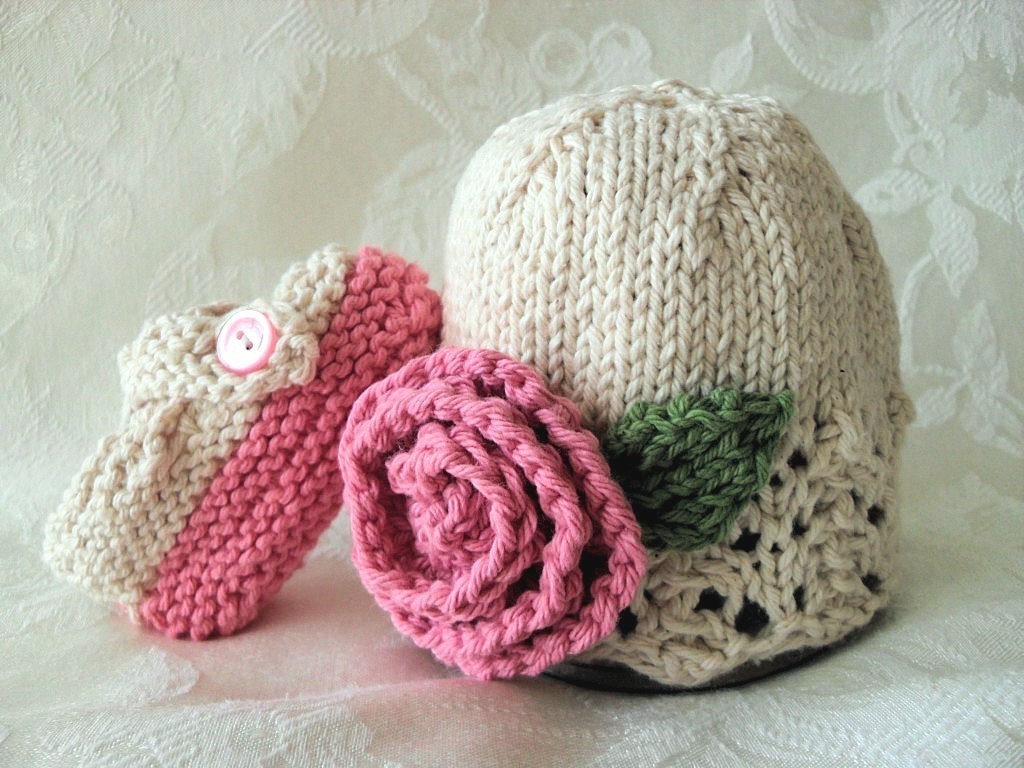 COTTON HAND KNITTED Rose on an Ivory Cloche with Matching Cross-strapped Booties