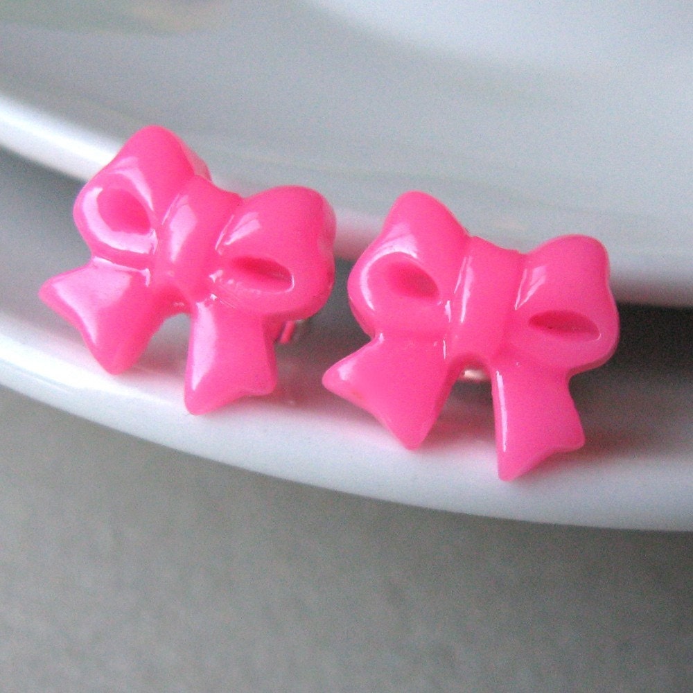 Bow Post Earrings - Bright Pink