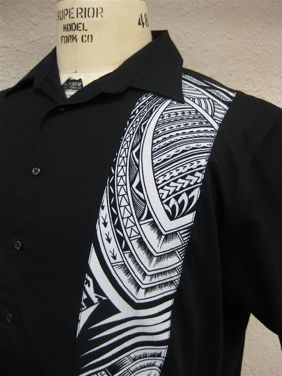 Mens Aloha Shirt Black With Samoan Tattoo Print CUSTOM SIZES AVAILABLE.