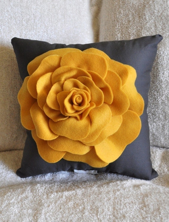 Mustard Yellow Rose on Grey Pillow