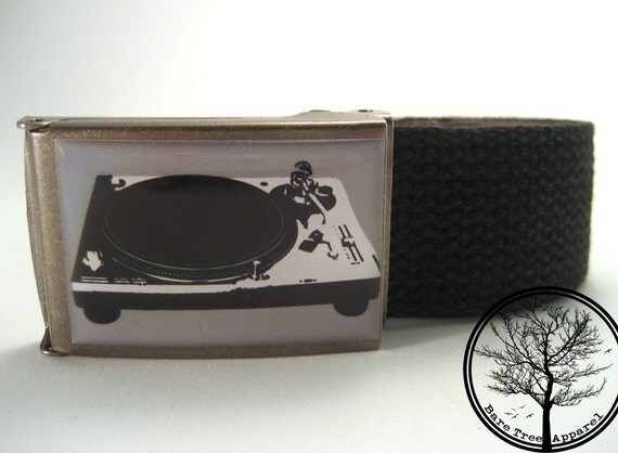 Black and white turntable record player on antiqued steel buckle with Black web Belt