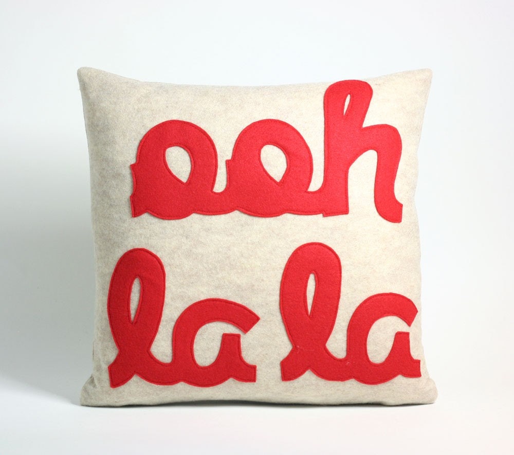 Ooh la la 22x22inch pillow recycled felt applique pillow - oatmeal and red