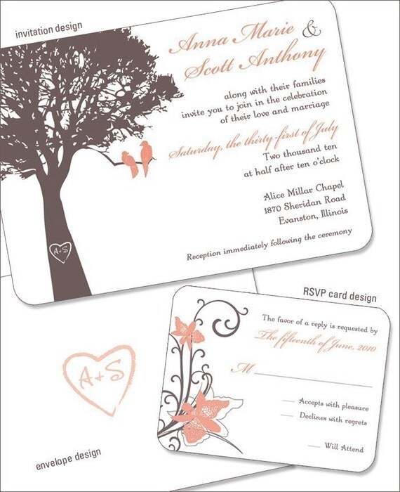 Wedding Invitation Sample, Custom design with Love Birds in a Tree, RSVP card, coordinating envelopes, Brown and Peach color scheme SAMPLE