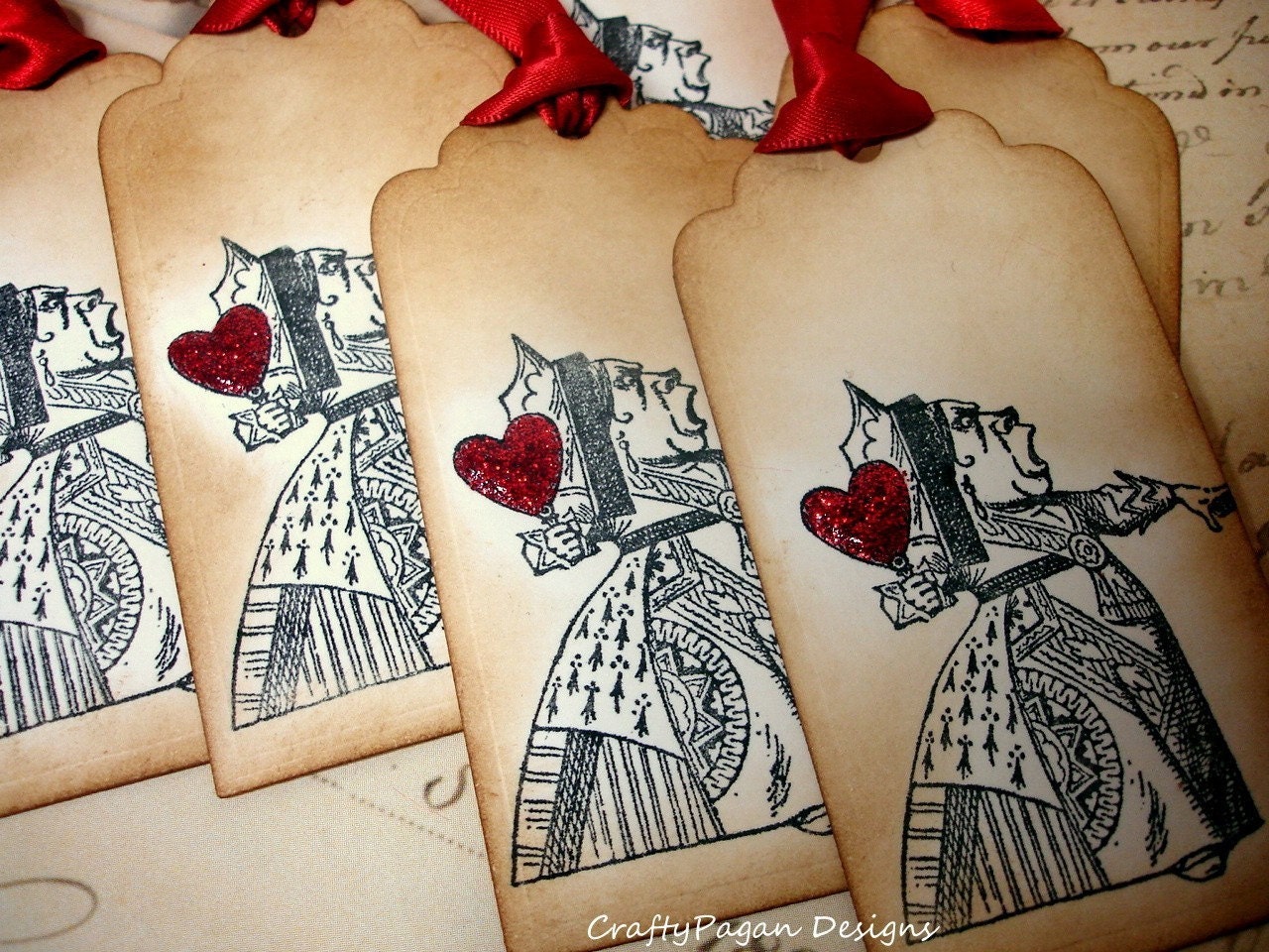 Queen Of Hearts Tag Set- 6 Vintage Alice in Wonderland Tags/Favours