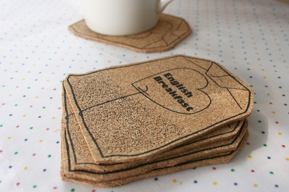 Tea bag coasters set - screen printed cork