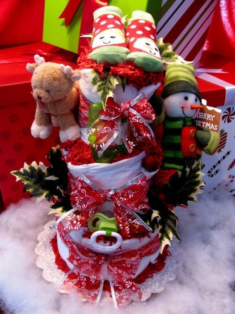 Christmas Baby Diaper Cake, Snowman Diaper Cake, Baby Gift, Shower Centerpiece