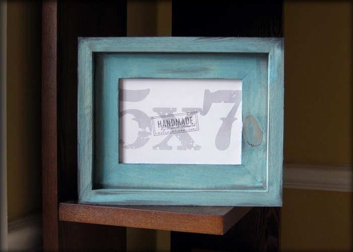 5x7 turquoise rustic stacked pine picture frame . handmade .