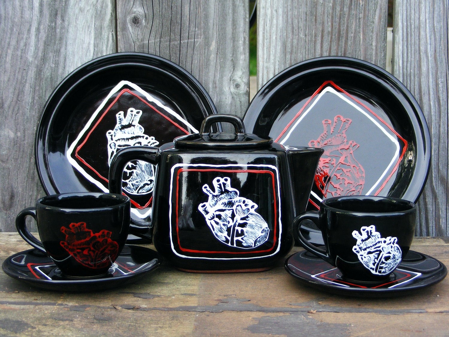 Tea or Coffee Set in Black with Red and White Anatomical Heart - Handpainted OoaK
