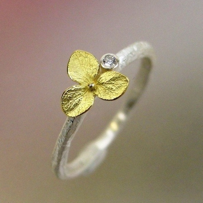 Hydrangea Blossom, Diamond Stacking Ring, Sterling Silver, 18k Gold Flower, Made to order