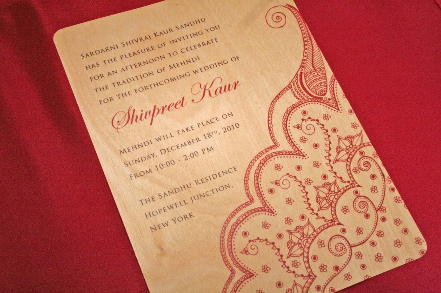 Real Wood Wedding Invitation - Red Henna