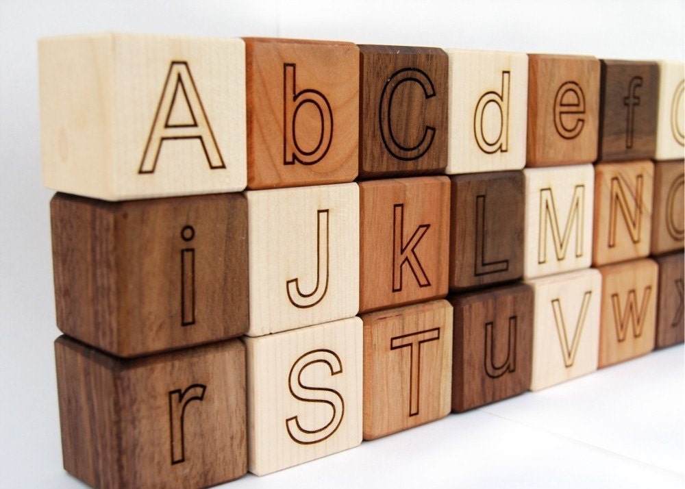 organic Alphabet Blocks - 26 piece naturally colorful wooden Walnut, Cherry and Maple set