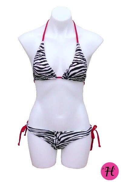 Zebra Bikini with Gathered Bikini tie Bottoms. From HautePinkDesigns