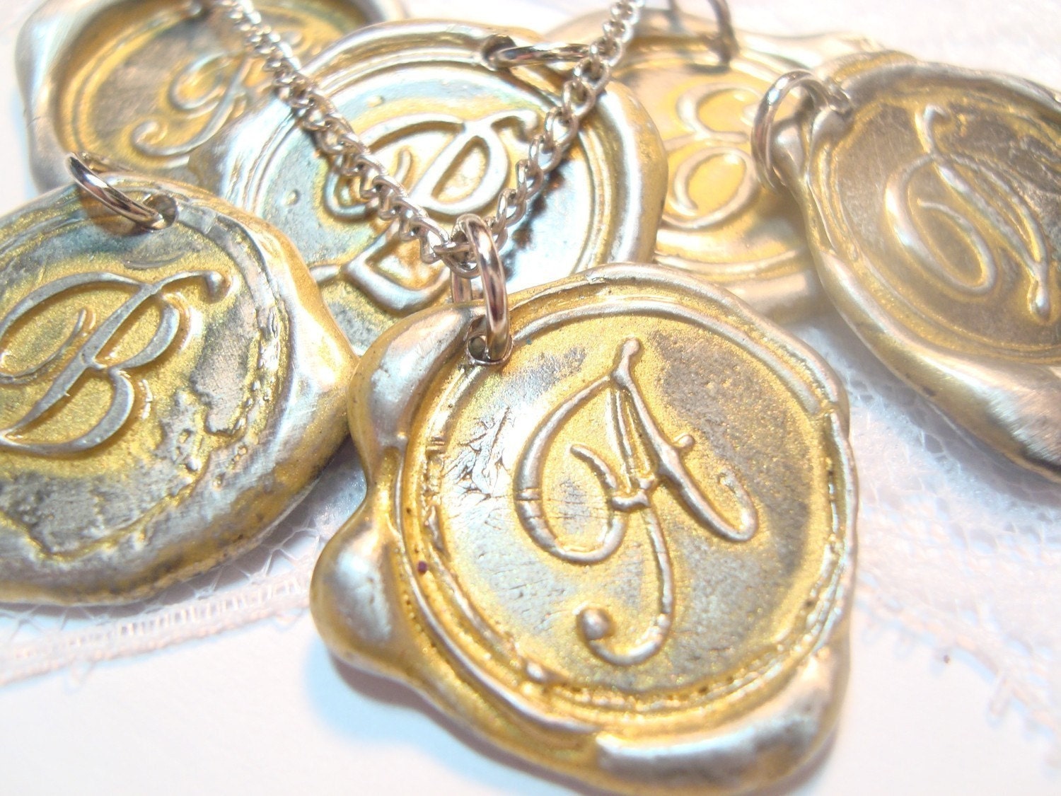 Ritzy Misfit Wax Seal Pendant GOLD colored letter of your choice monogrammed initial WITH chain a b c d e f g h i j k l m n o p q r s t u v w x y z