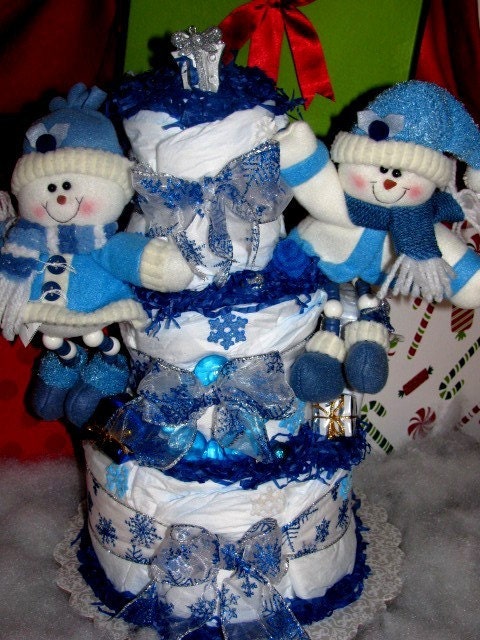 Christmas Baby Diaper Cake, Snowmen, Christmas Baby Gift, Baby Shower Centerpiece