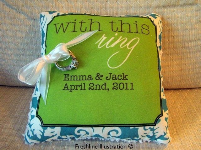 Custom With This Ring Monogram Names Date Ring Bearer Pillow in Lime Green Teal Damask or Available in Your Wedding Color Scheme