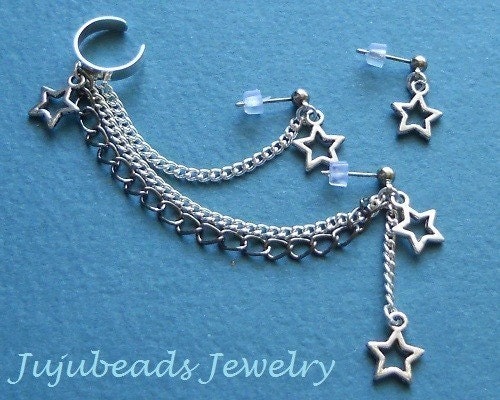 Double Piercing ear cuff set with star charms & gunmetal chain.