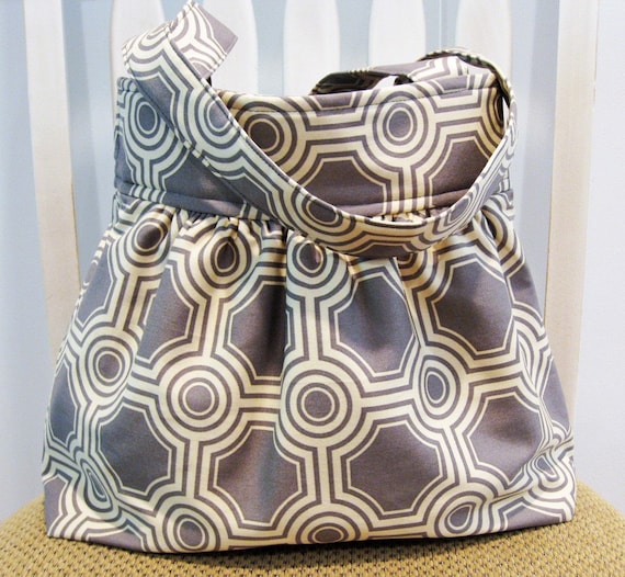 Gathered Fabric Bag in Joel Dewberry Tiles in Stone