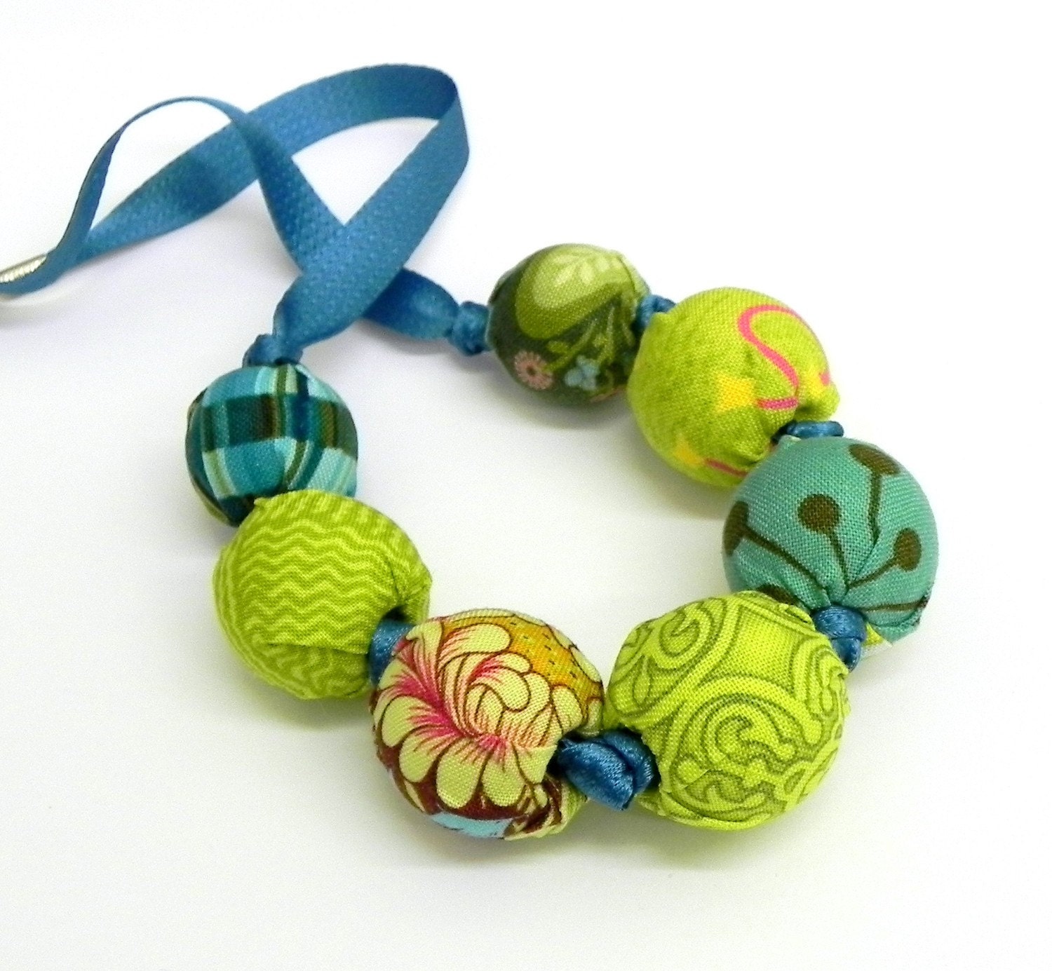 Fabric Necklace - Handmade beads - Turquoise and Lime green