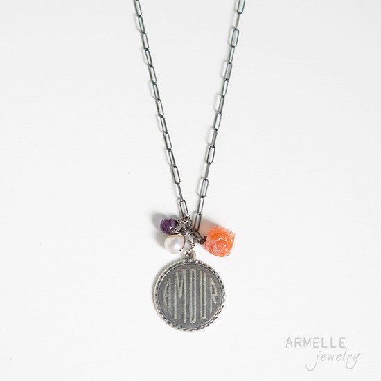 amour silver french charm necklace   . antiqued sterling silver  .