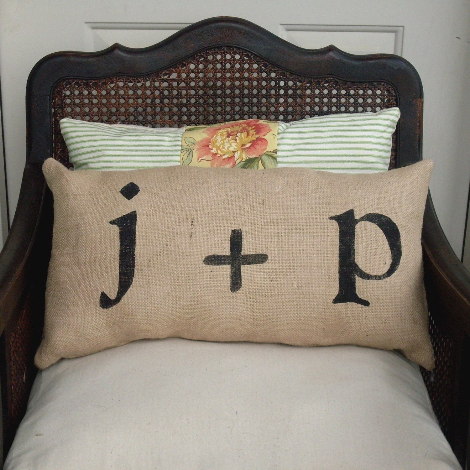 Love Letters - Burlap Feed Sack Pillow - Personalize with you and your sweetie's initial
