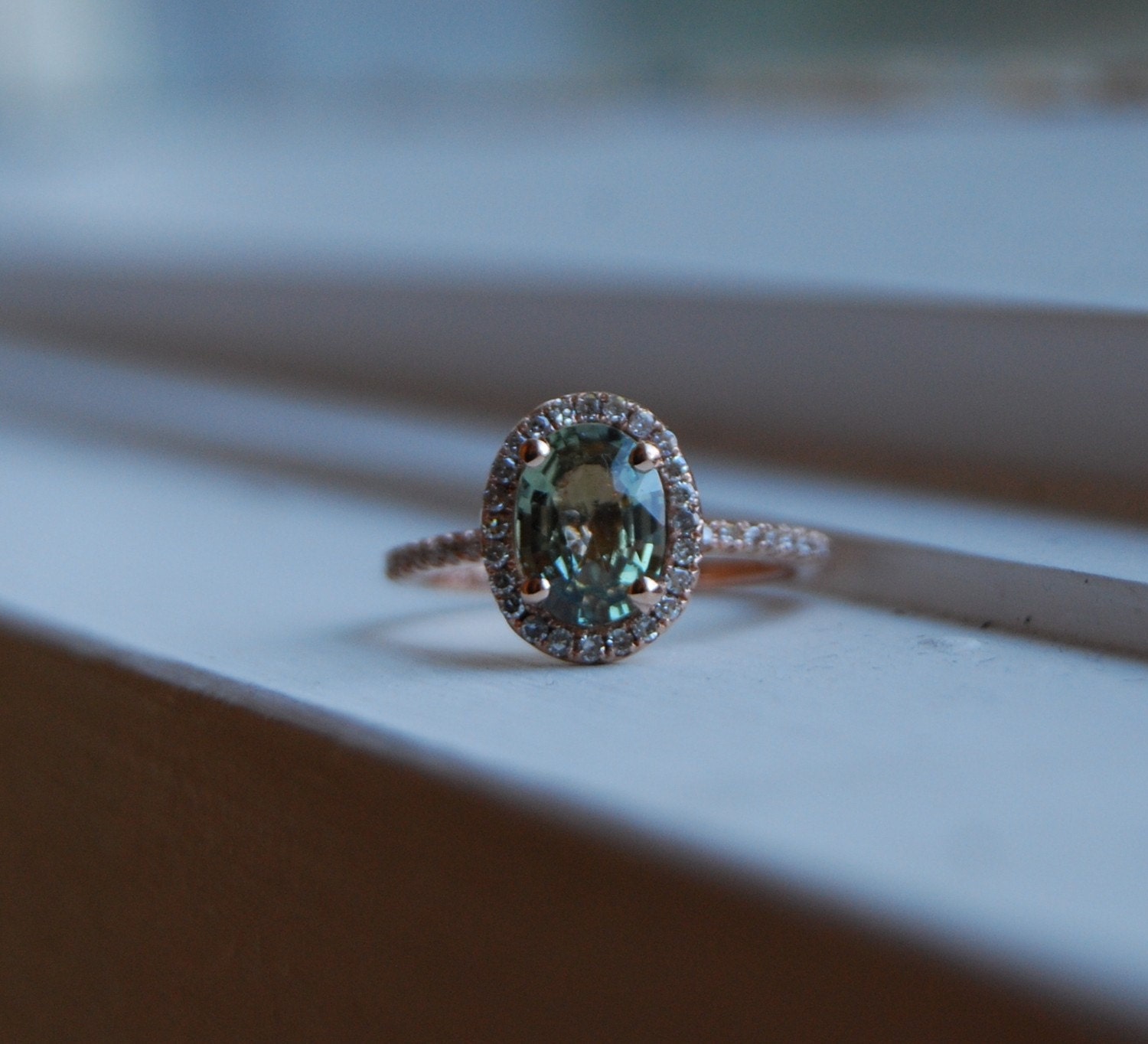 Jasmine and Roses - jasmine-green sapphire sapphire and rose gold diamond ring