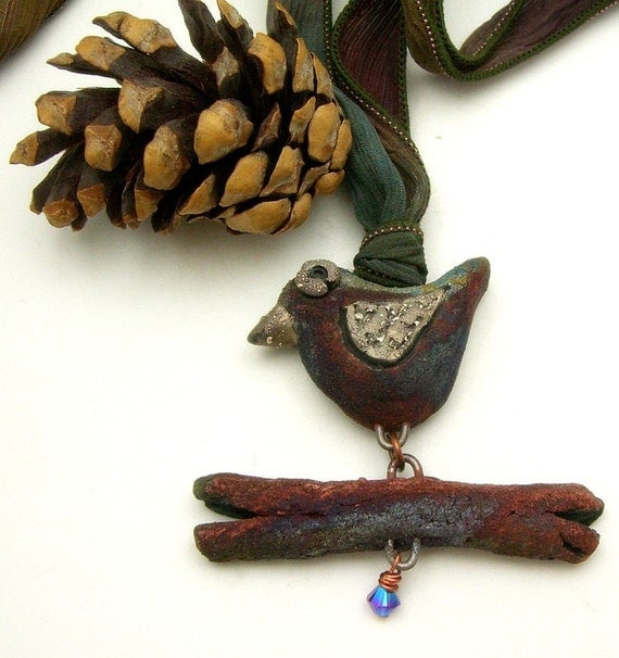 Bird on a Limb Raku Ceramic Pendant Raku Jewelry Supplies Handmade by MAKUstudio