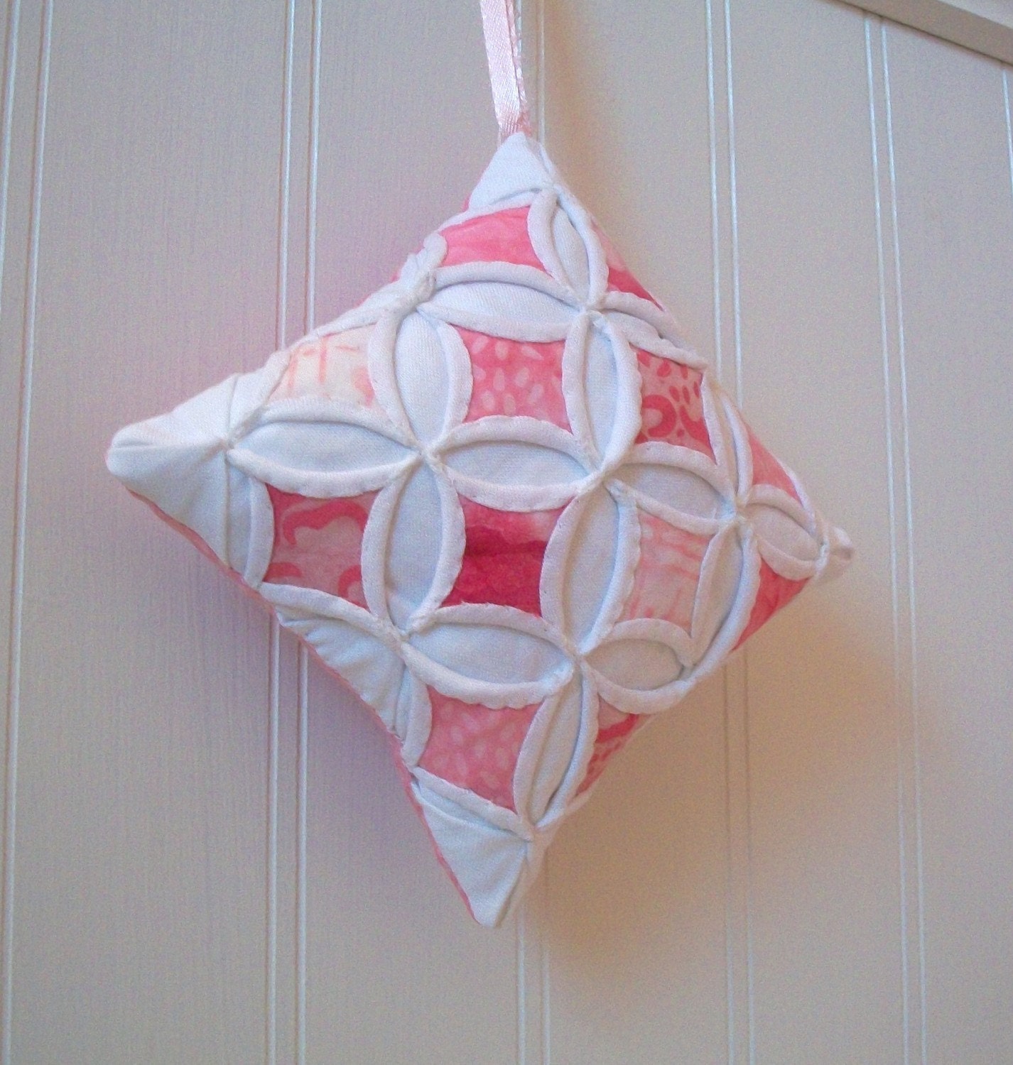 Pink Batik Miniature Cathedral Window Pillow Ornament - 4 Inches