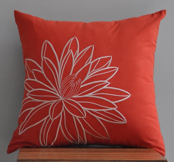 Orange Lotus -Throw Pillow Cover -18" x 18" Decorative Pillow Cover - Red Orange/Vermillion Linen with Beige Lotus Embroidery