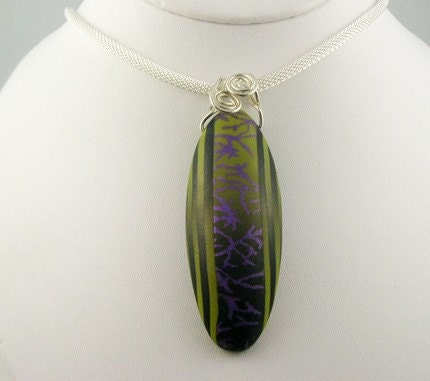 SALE - Polymer Clay Necklace, Branches, Purple, Green, Elliptical