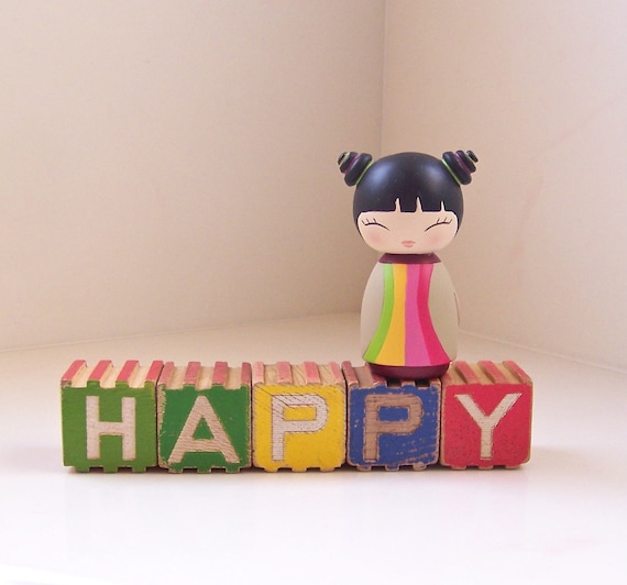 vintage wooden letter blocks - happy